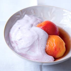 Verjuice-poached nectarines with raspberry spoom