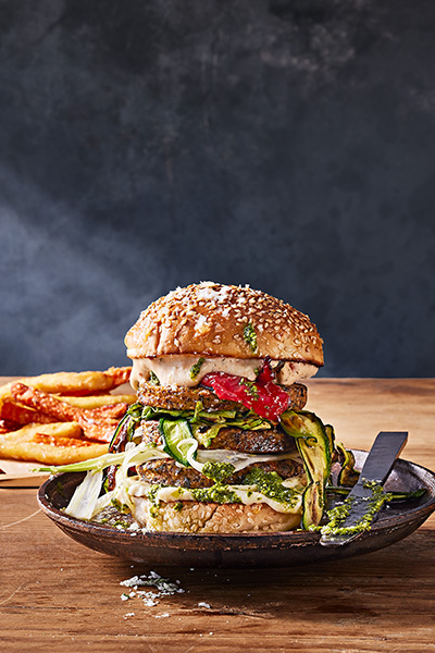 Ultimate beef burger with oven baked chips