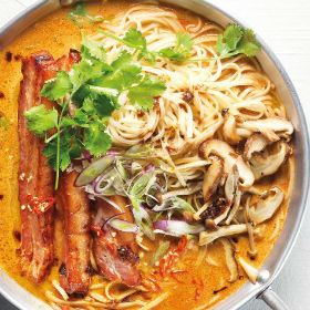 Boxing day ramen noodles with coconut broth and crispy pork