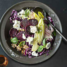 Goat's cheese, chicory and beetroot salad with a maple walnut dressing