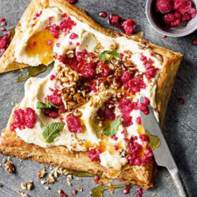 Raspberry, white chocolate and mascarpone tart