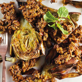 Roast artichokes with Korean bolognese 