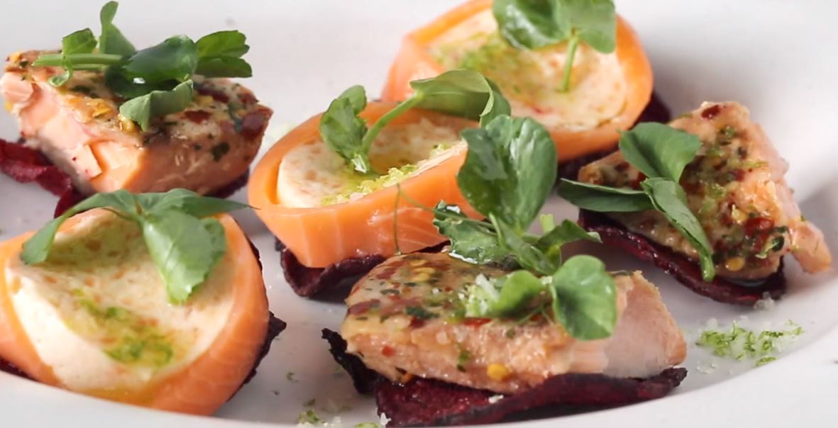 Trout roulades & salmon flakes served with lime salted beetroot chips ...