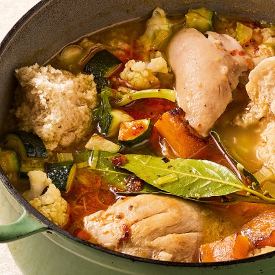 Hearty Veg, chicken ad amadombolo soup