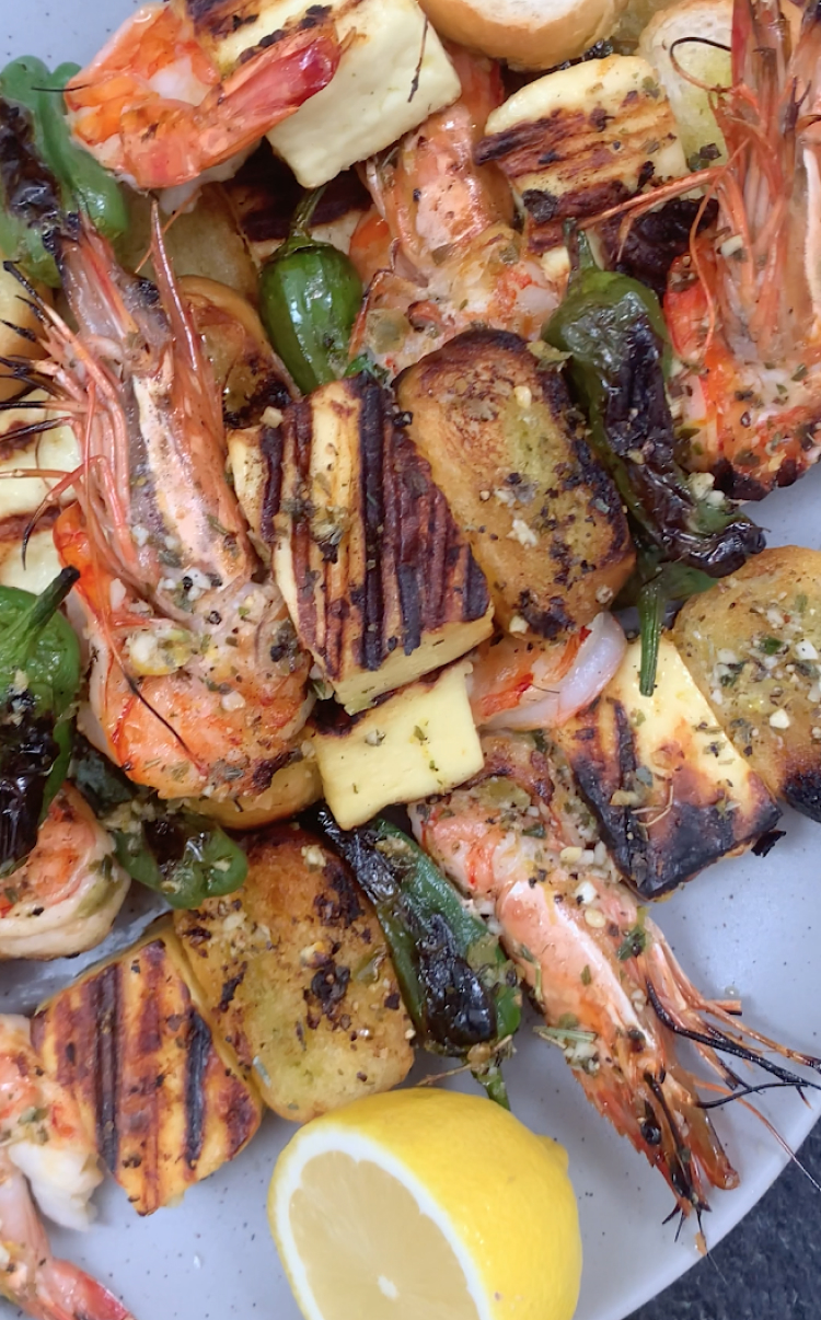 Atomic prawn & halloumi braai skewers