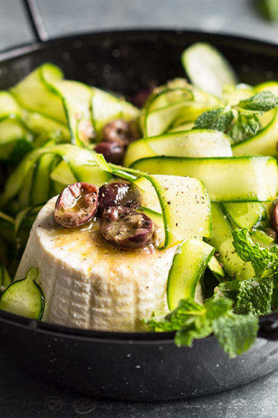Raw baby marrow, ricotta and olive salad