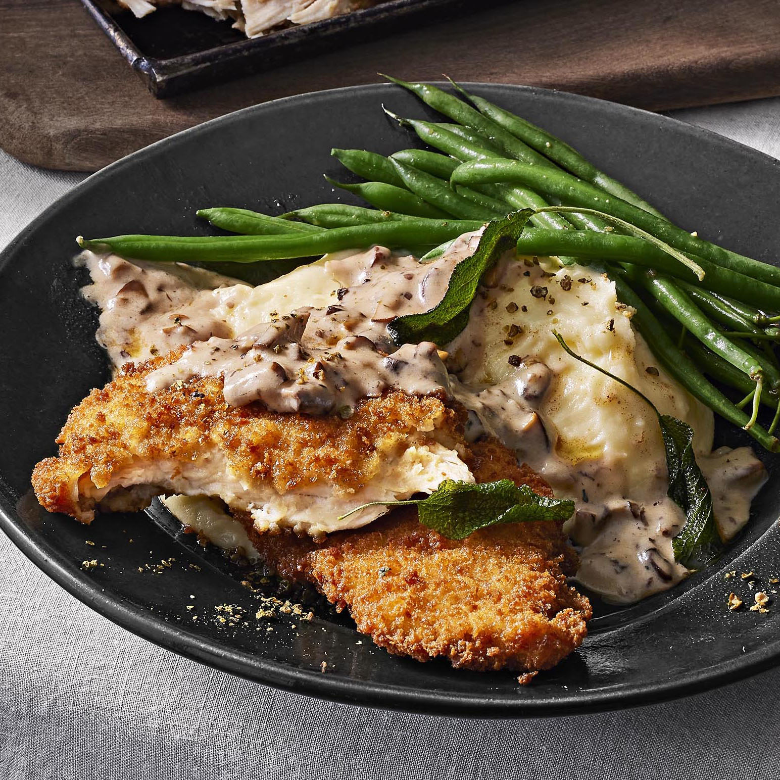 Golden chicken schnitzel & easy veggie sides