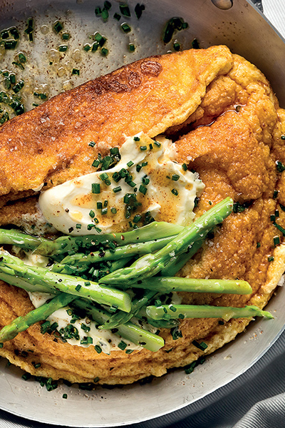 Soufflé omelette with chive crème fraîche
