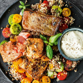 Ombre henley t-shirt Seared rainbow trout with tomato, lemon & quinoa | Woolworths.co.za