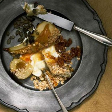 Poached breakfast pear with honey and yoghurt