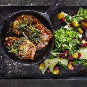 Quick honey and mustard glazed pork chops with a roasted grape and