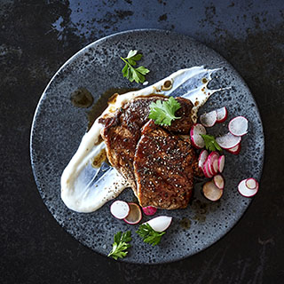 RIB-EYE STEAK WITH LEMONY YOGHURT AND RADISHES