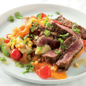 Spicy beef flank with corn and avo salsa