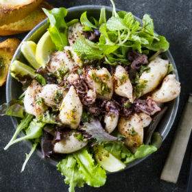 Lemony squid with baby leaves and Bruschetta | Woolworths.co.za