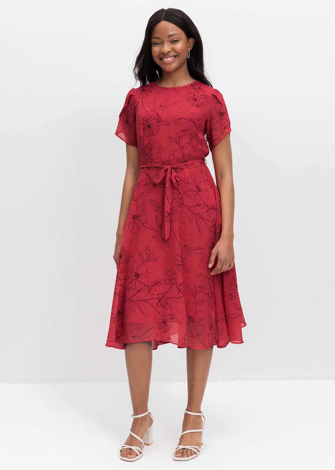 Belted Sheer Double Layered Sleeve Fit u0026 Flare Midi Dress | Woolworths.co.za