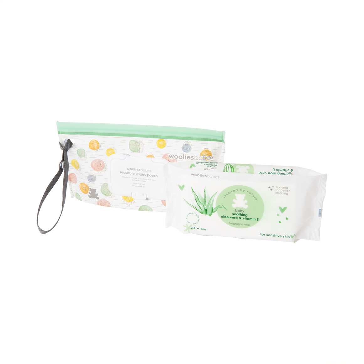 Wooliesbabes Spots Design Reusable Pouch and Fragrance Free Baby Wipes 64 pk