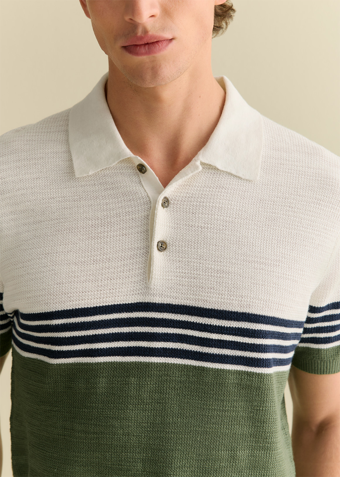 Cotton Linen Textured Colourblock Stripe Polo | Woolworths.co.za