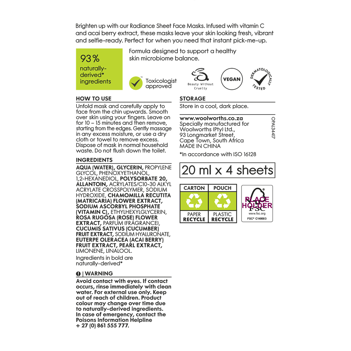 Radiance Sheet Face Masks 4 pk | Woolworths.co.za