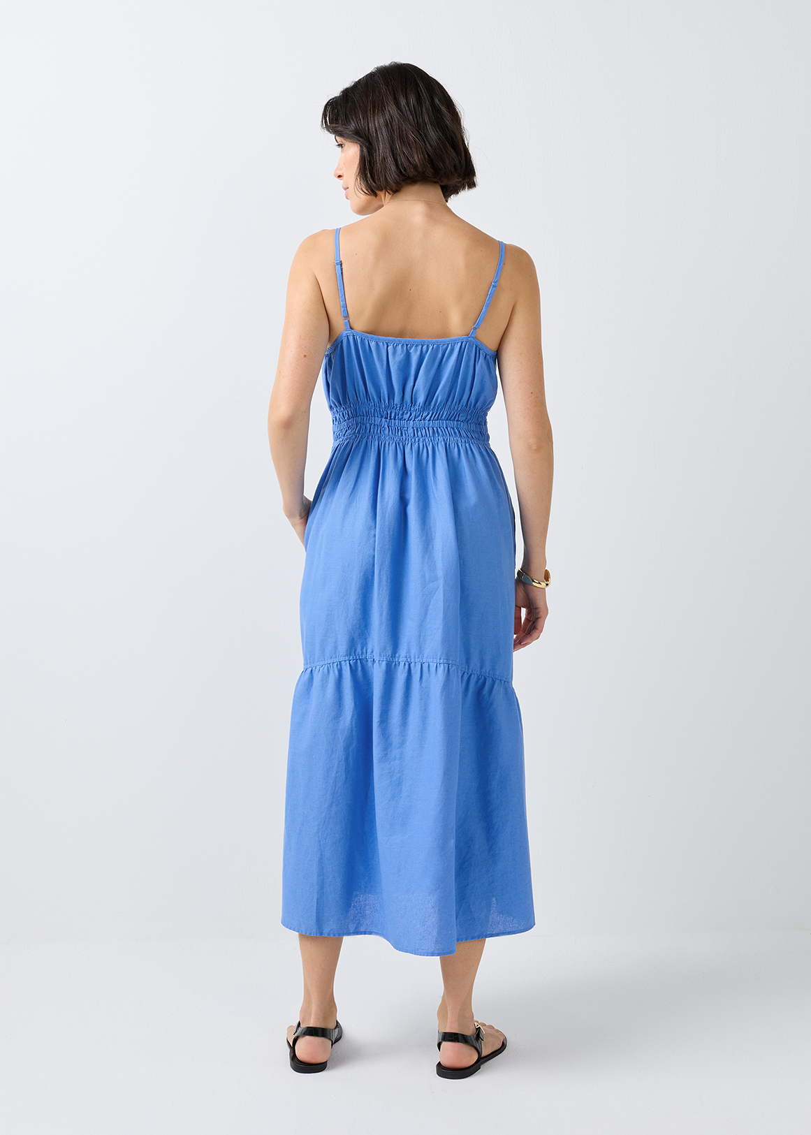 Strappy Tiered Ruched Linen Blend Midi Dress | Woolworths.co.za