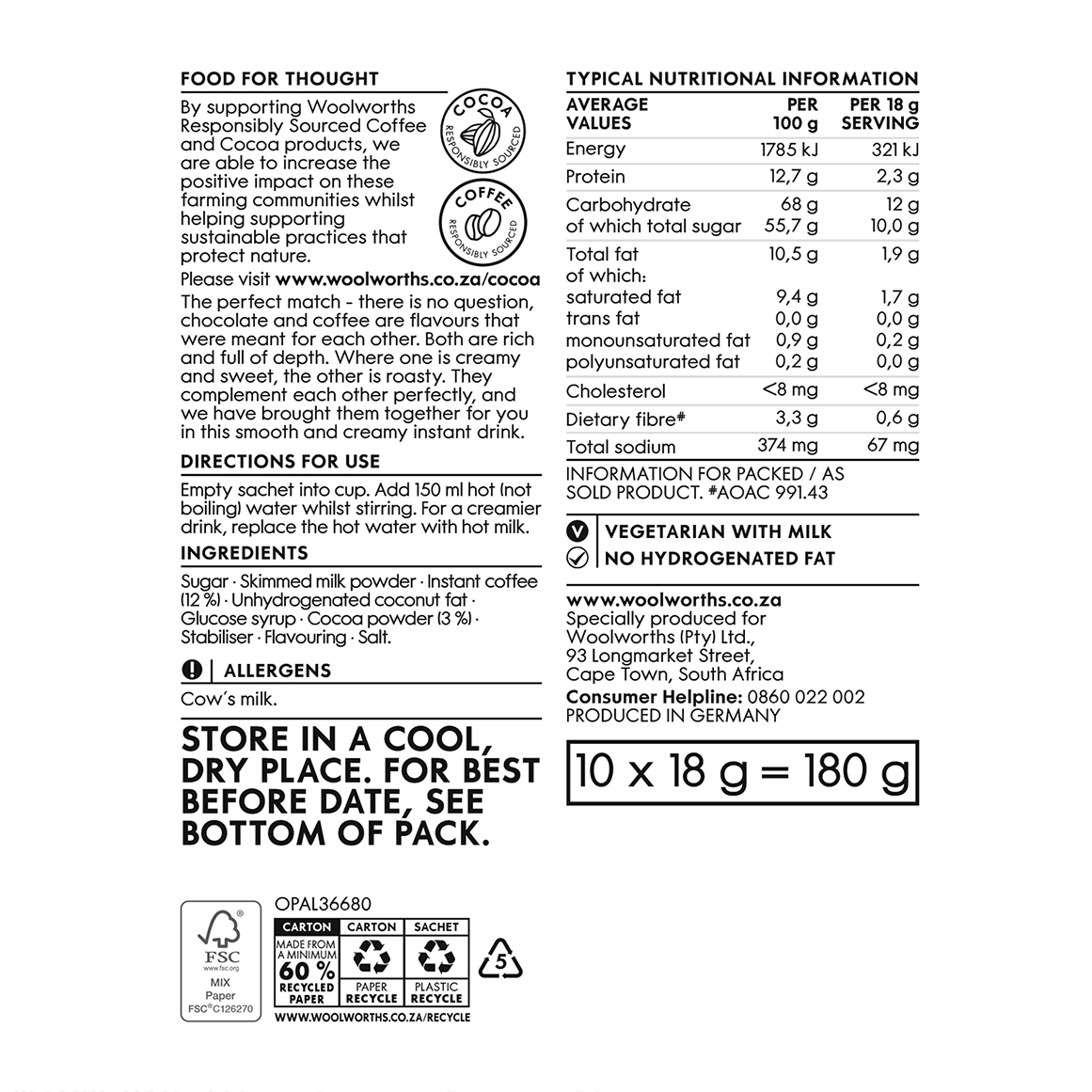 Instant Mocha Coffee Sachets 10 x 18 g | Woolworths.co.za