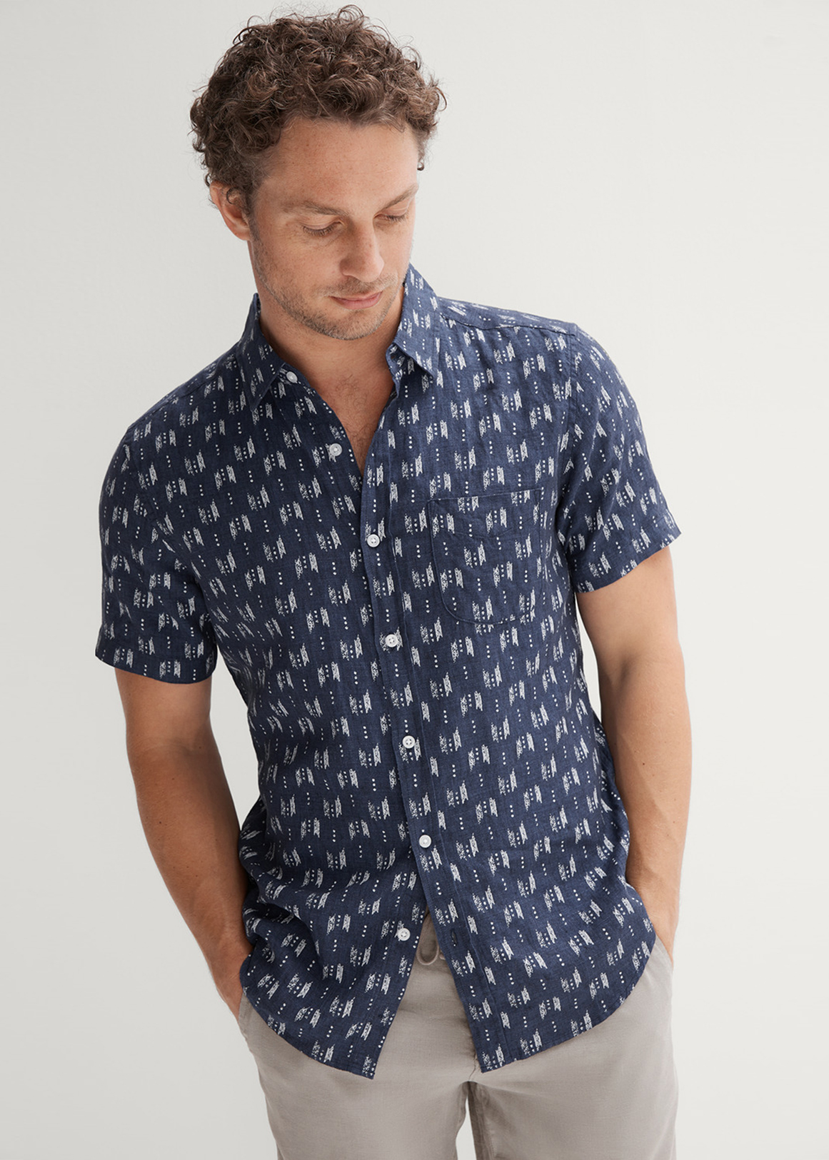 Regular Fit Linen Delave Ikat Print Short Sleeve Shirt