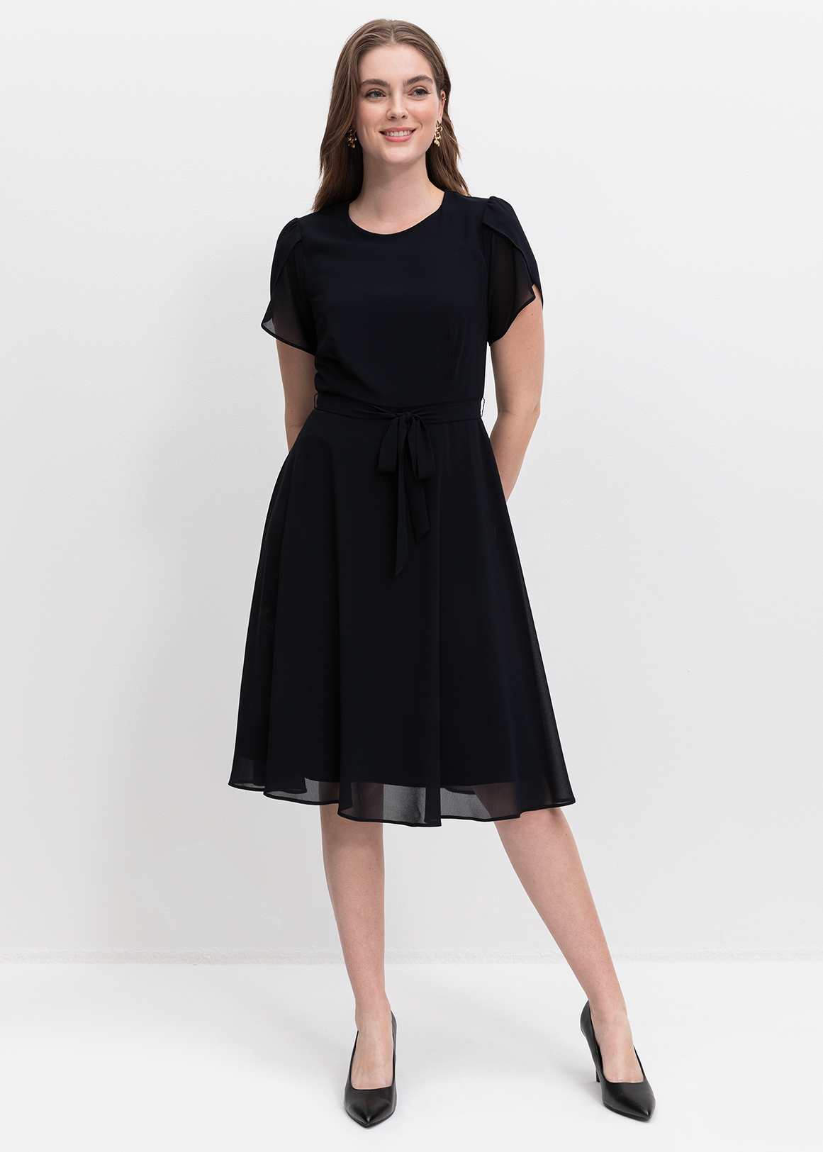 Belted Sheer Double Layered Sleeve Fit u0026 Flare Midi Dress | Woolworths.co.za