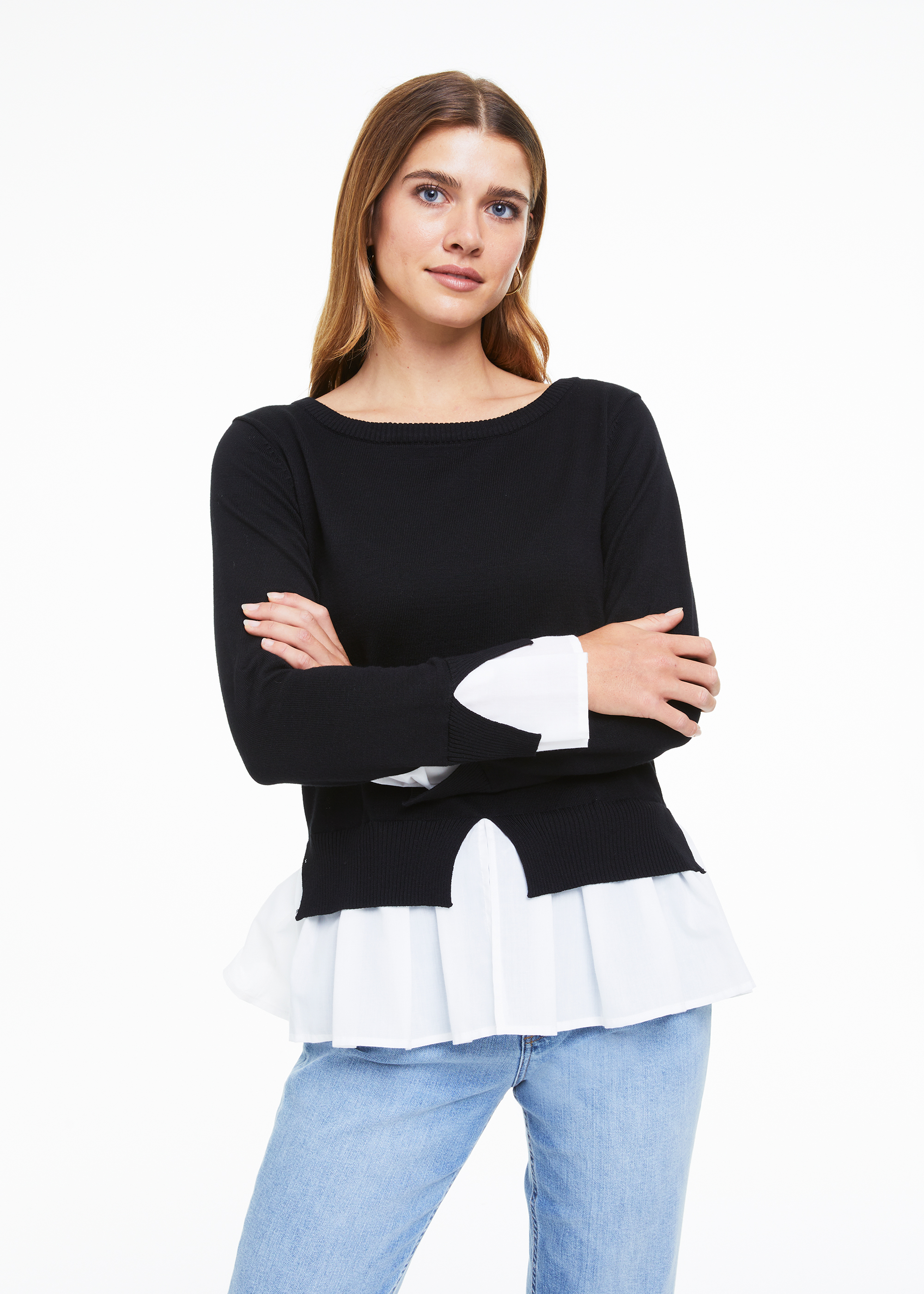 Hairy Pointelle Knit Sweater With Ruffled Elbow Sleeves, pointelle