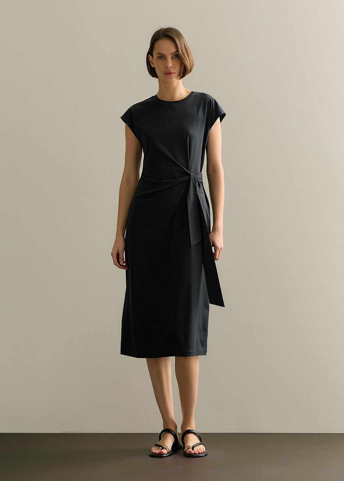 Cotton Gathered Tie Waist Dress