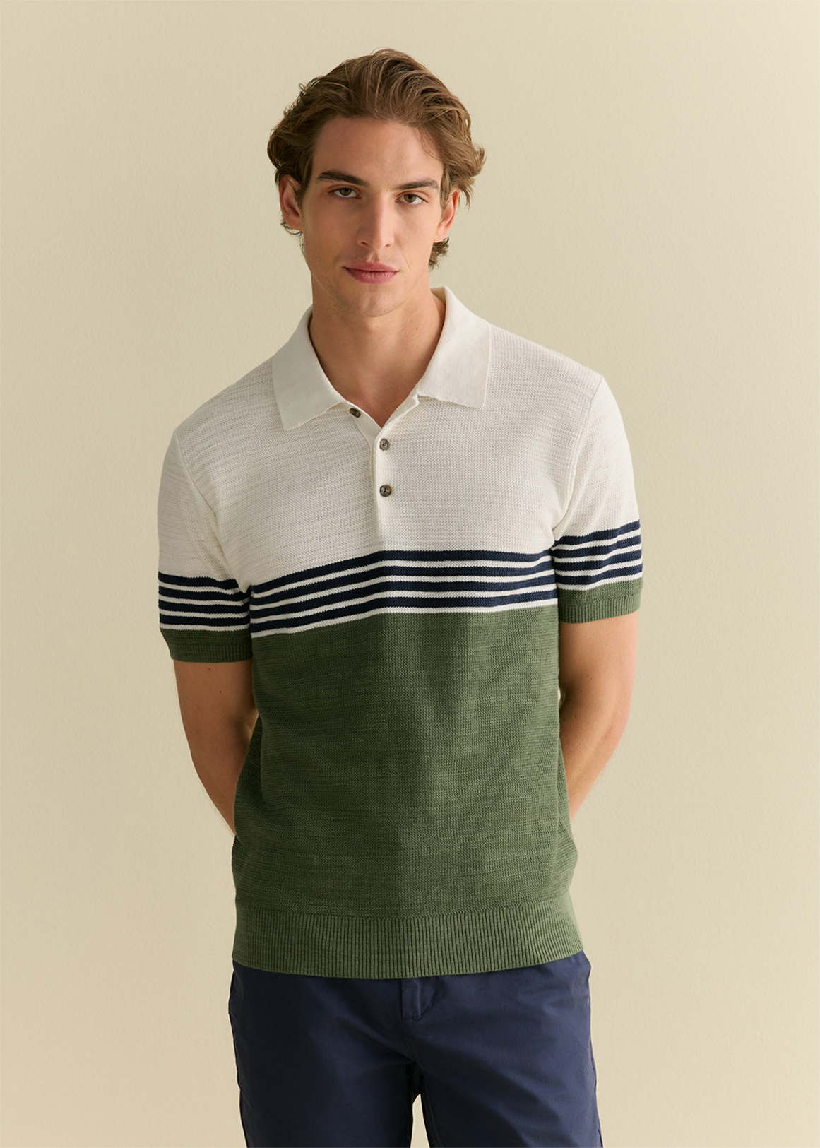 Cotton Linen Textured Colourblock Stripe Polo | Woolworths.co.za