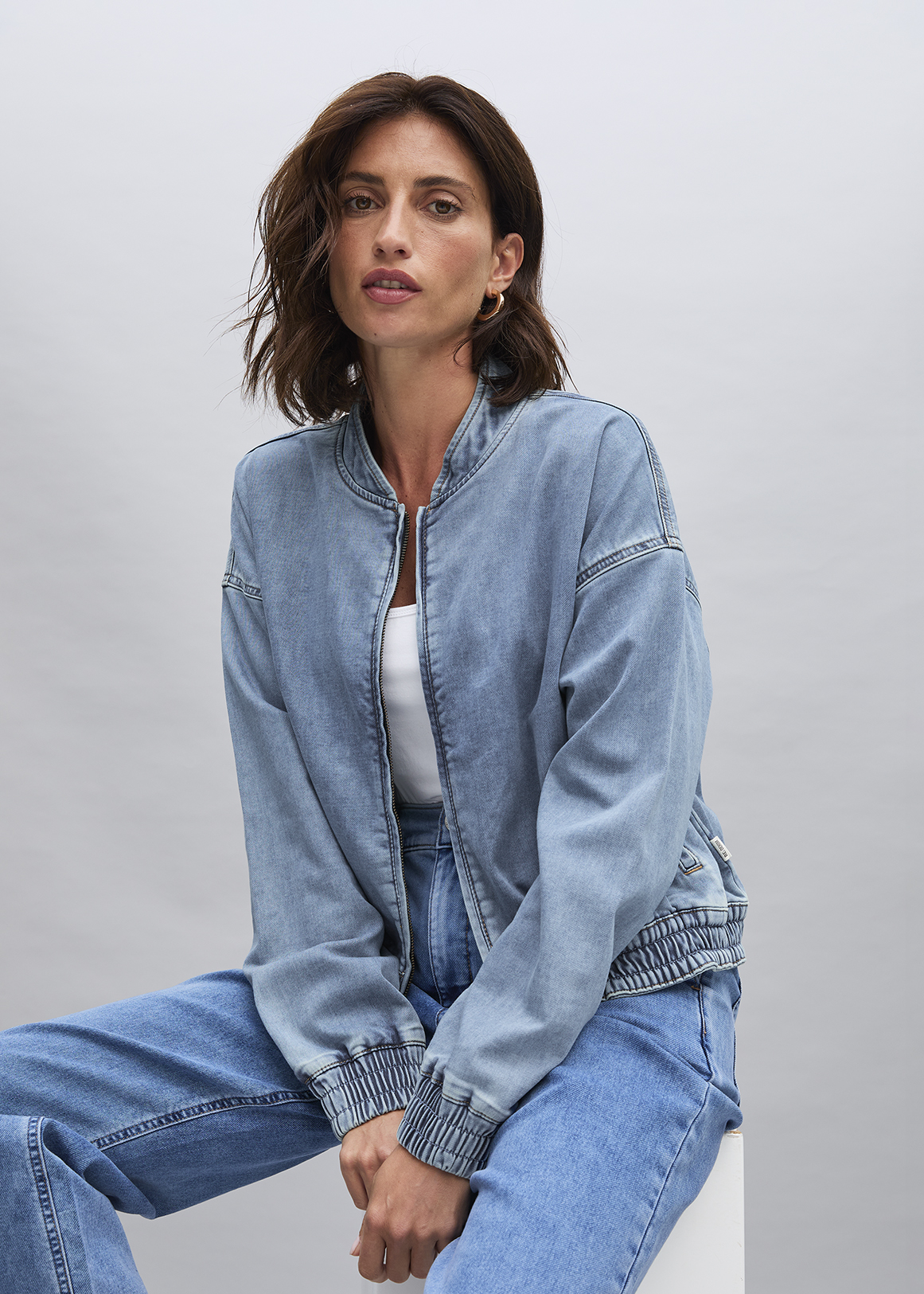 Zip-up Relaxed Mandarin Denim Bomber Jacket