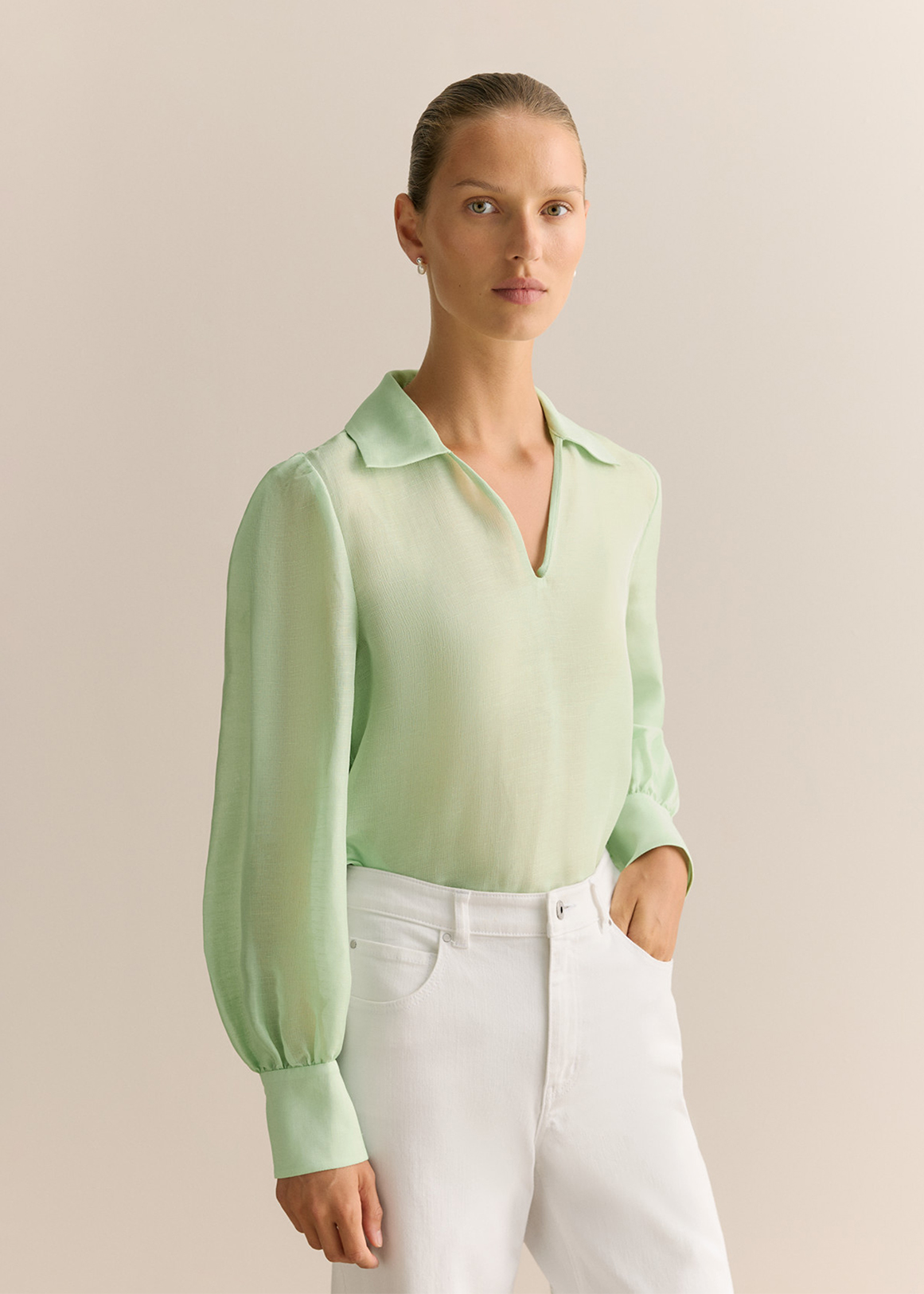 Linen Silk Crosshatch Collared Top | Woolworths.co.za