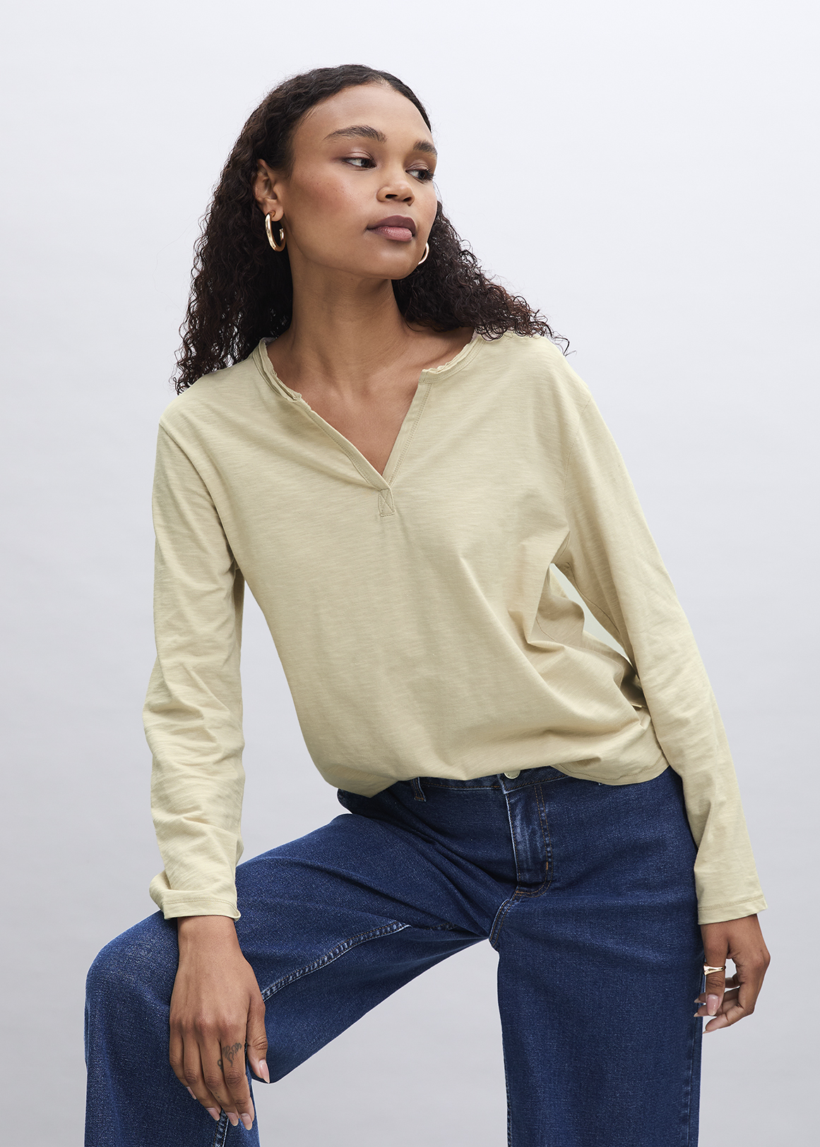 Split Neck Relaxed Slub Cotton T-shirt | Woolworths.co.za