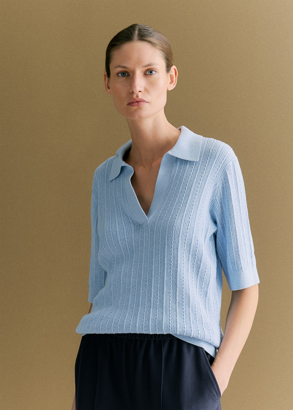Cotton Cashmere Cable Short Sleeve Polo | Woolworths.co.za