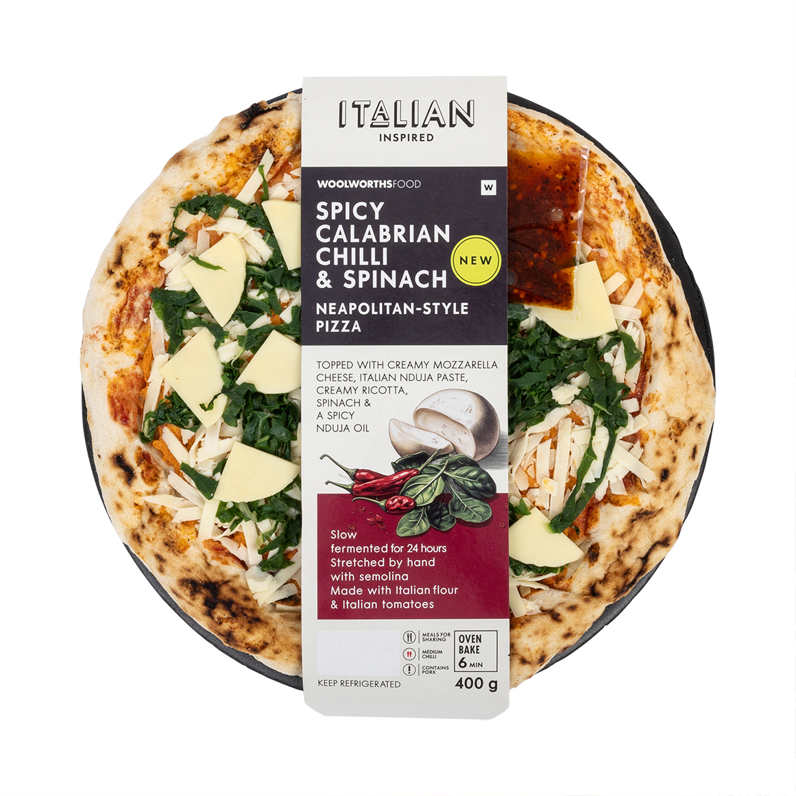 Spicy Calabrian Chilli & Spinach Neapolitan Style Pizza 400 g