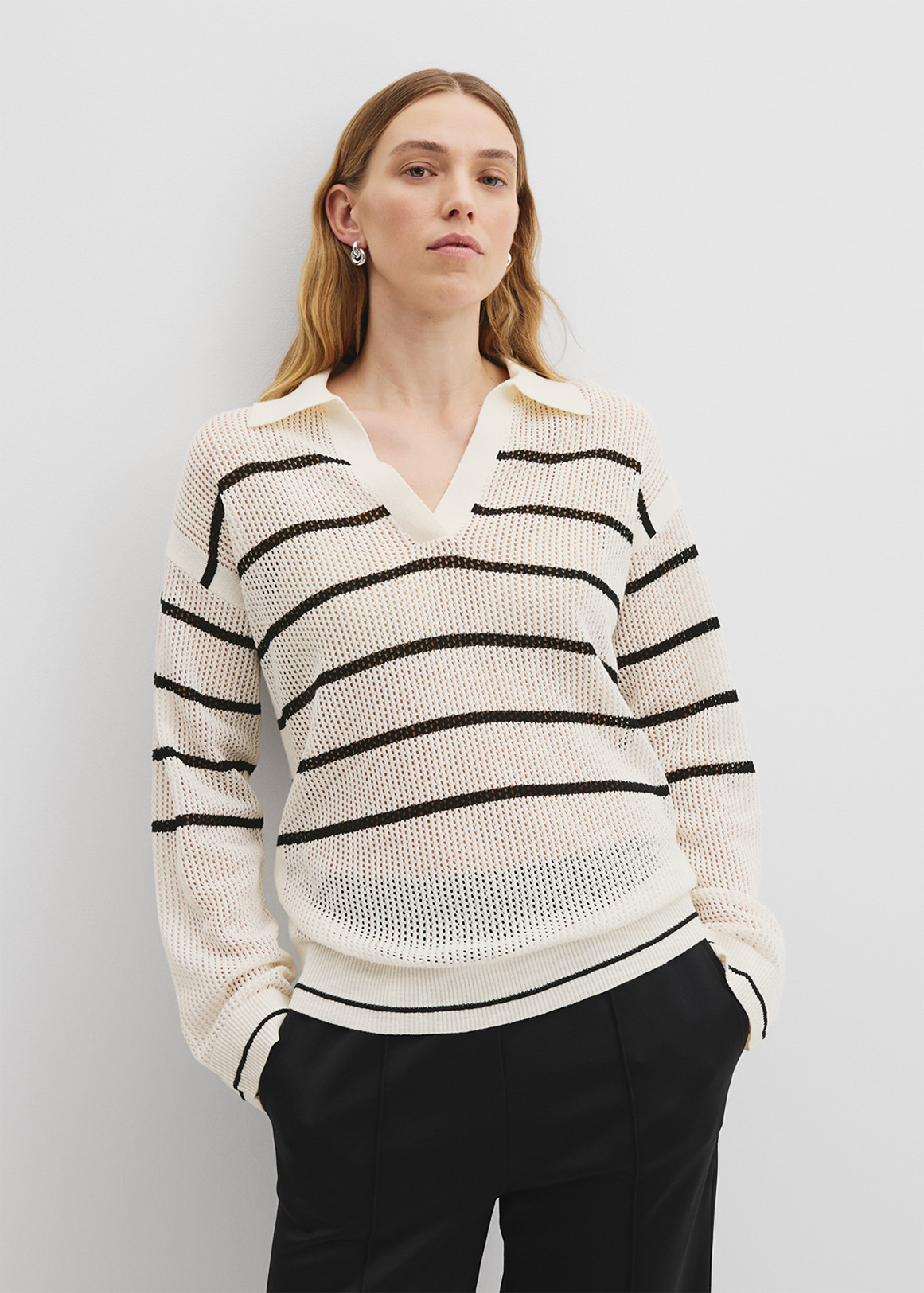Organically Grown Cotton Linen Stripe Mesh Long Sleeve Polo Knit