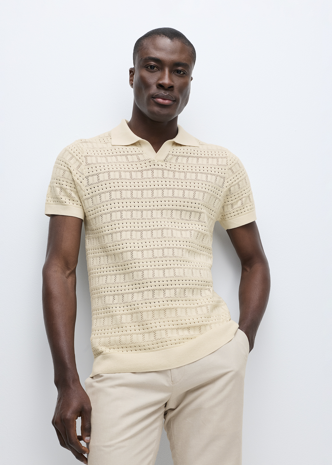 Open Weave Knit Cotton Johnny Collar Golfer | Woolworths.co.za