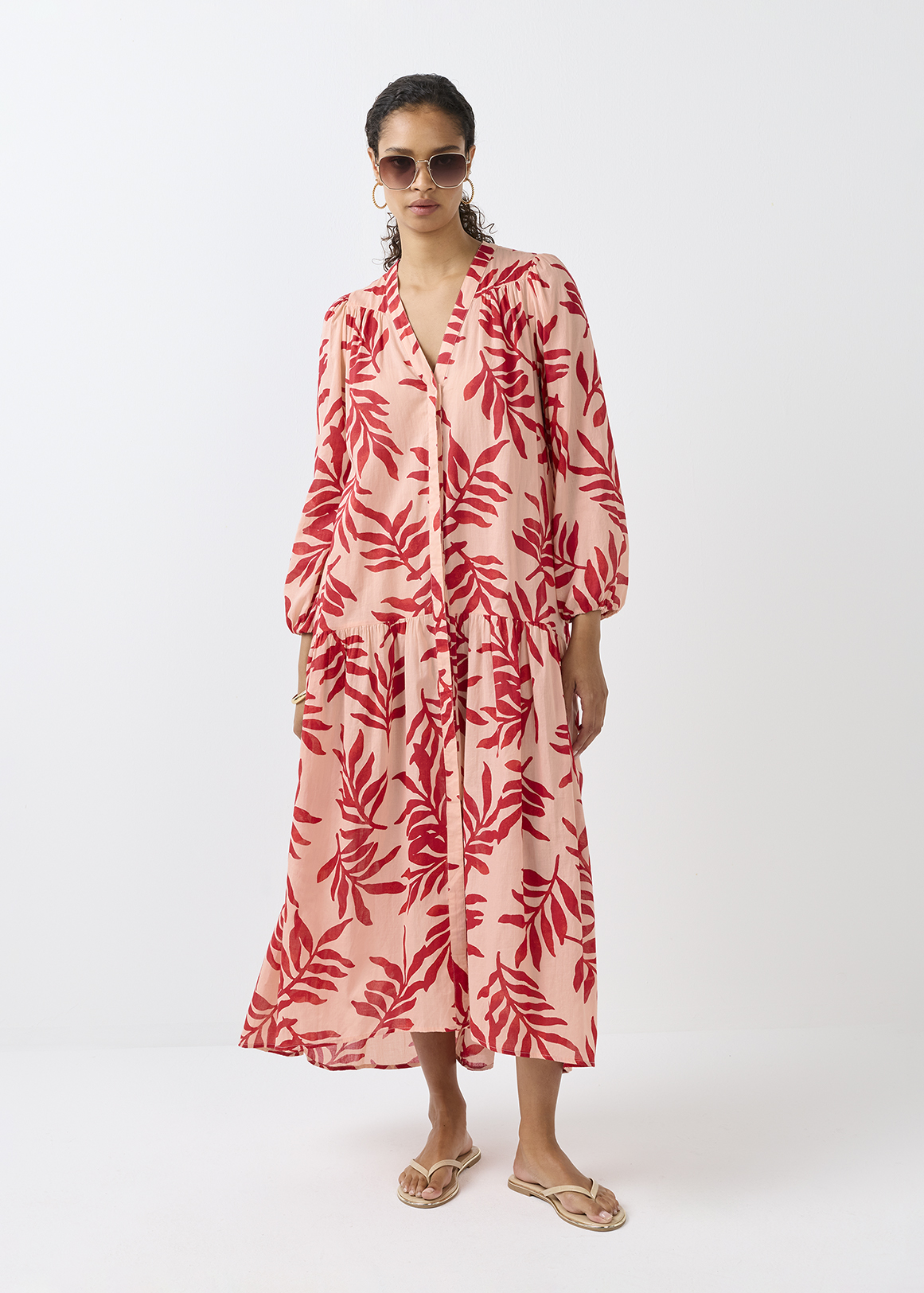 Print Balloon Sleeve Drop Waist A-line Cotton Maxi Dress
