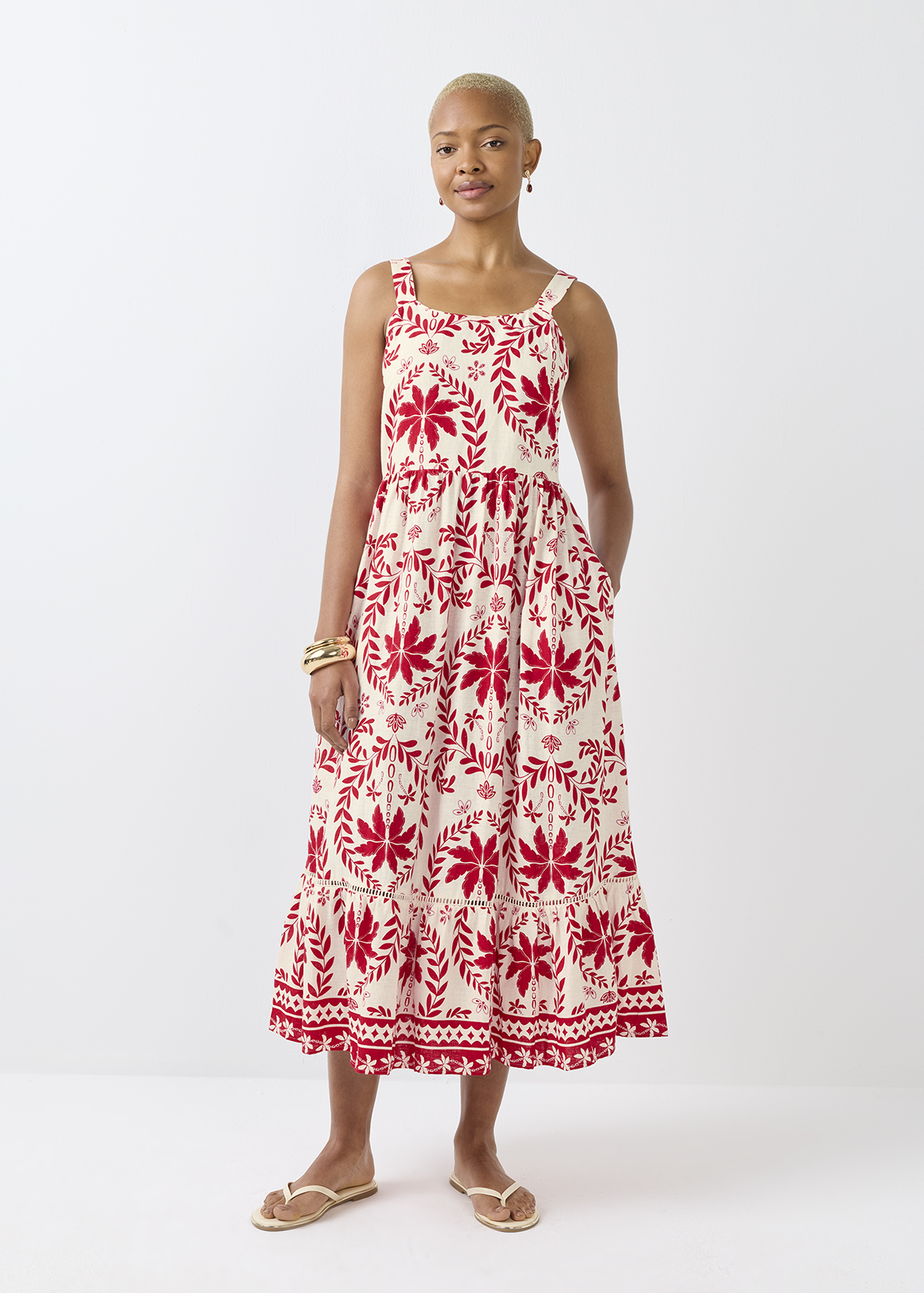 Leaf Print Strappy Linen Blend Midi Dress | Woolworths.co.za