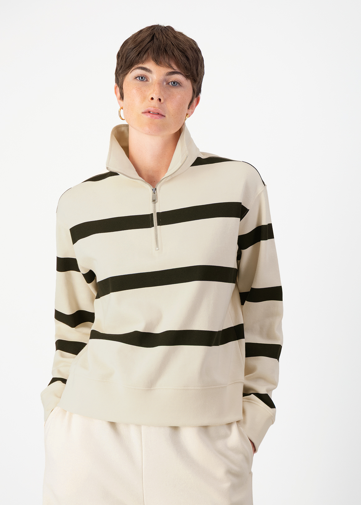 Striped Funnel Neck Quarter Zip Fleece Sweatshirt | Woolworths.co.za