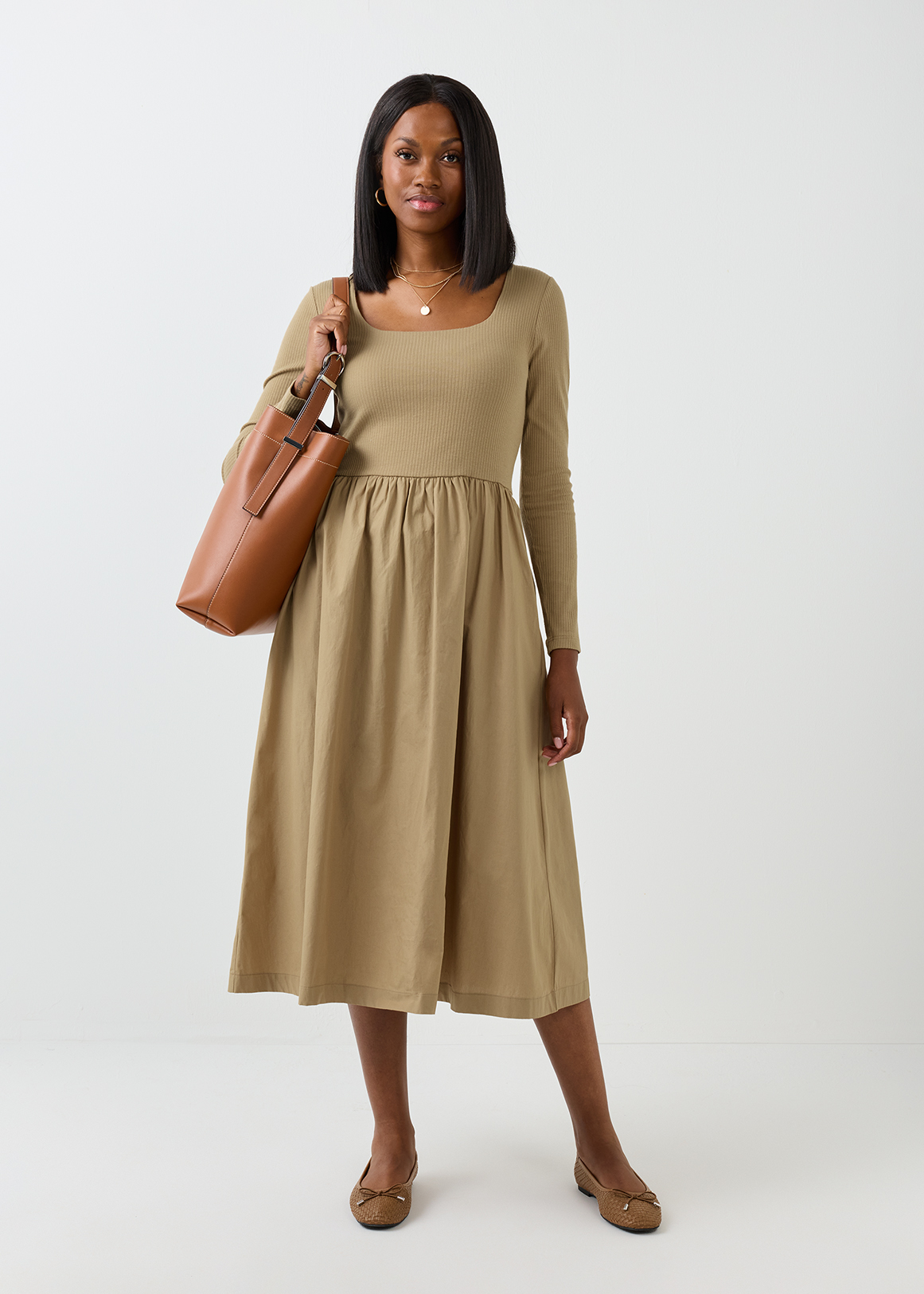 Square Neck Ribbed Poplin Midi Dress | Woolworths.co.za