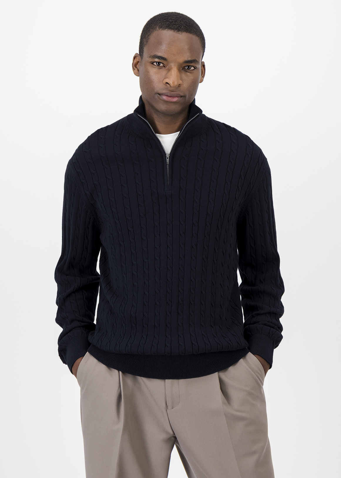 Cable Knit Funnel Neck Quarter Zip Cotton Jumper | Woolworths.co.za
