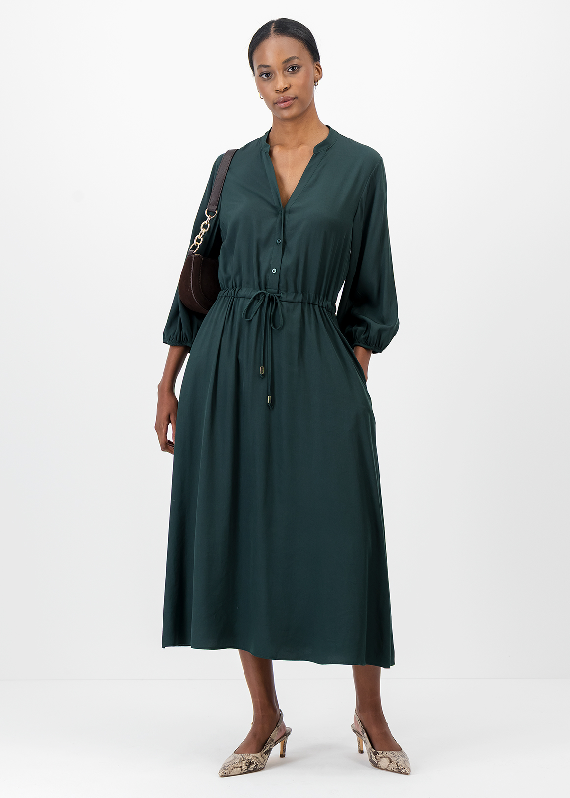 Split Neck & Drawstring Waist Midi Dress | Woolworths.co.za