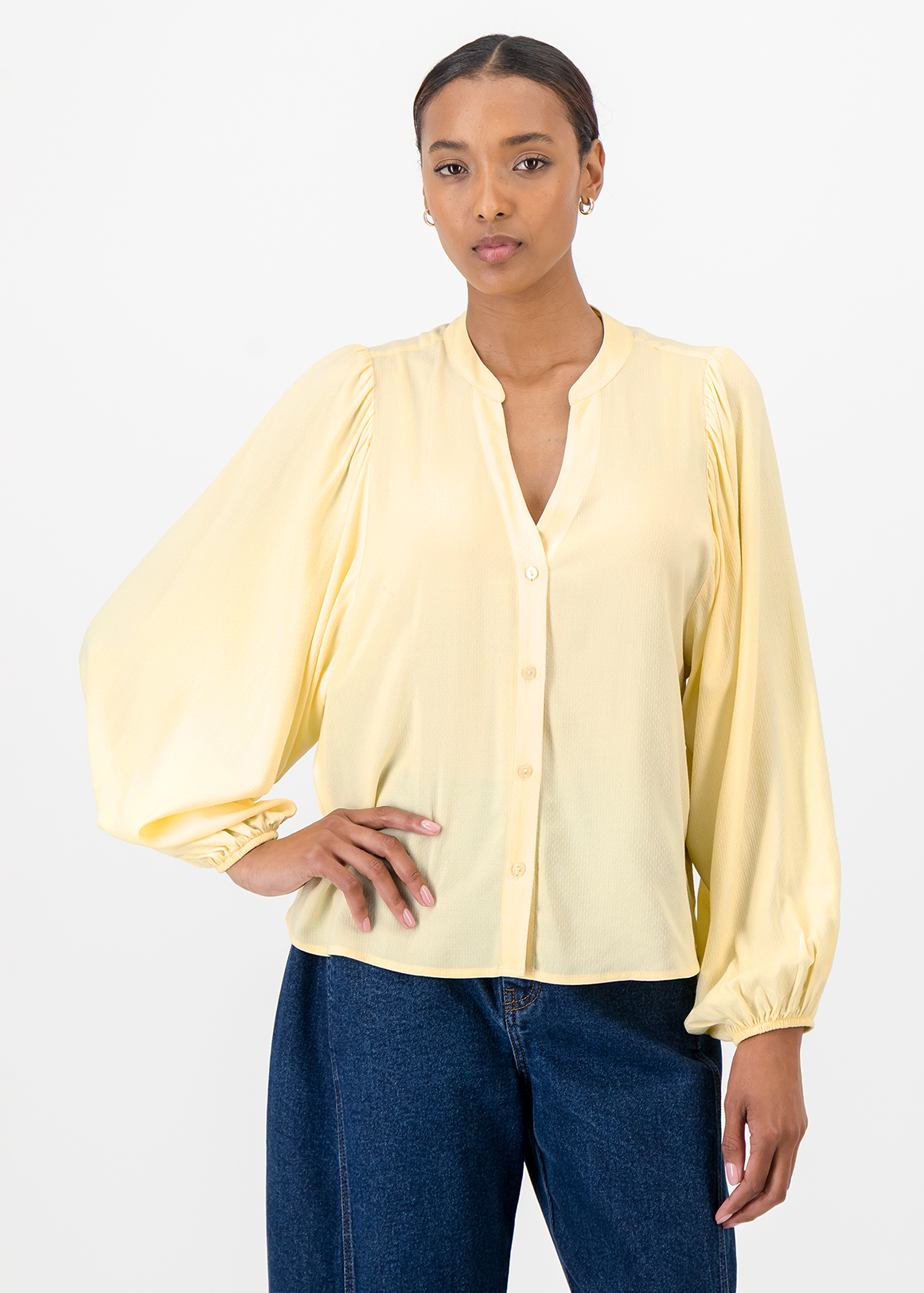 Yellow Balloon Sleeve Split Mandarin Blouse | Woolworths.co.za