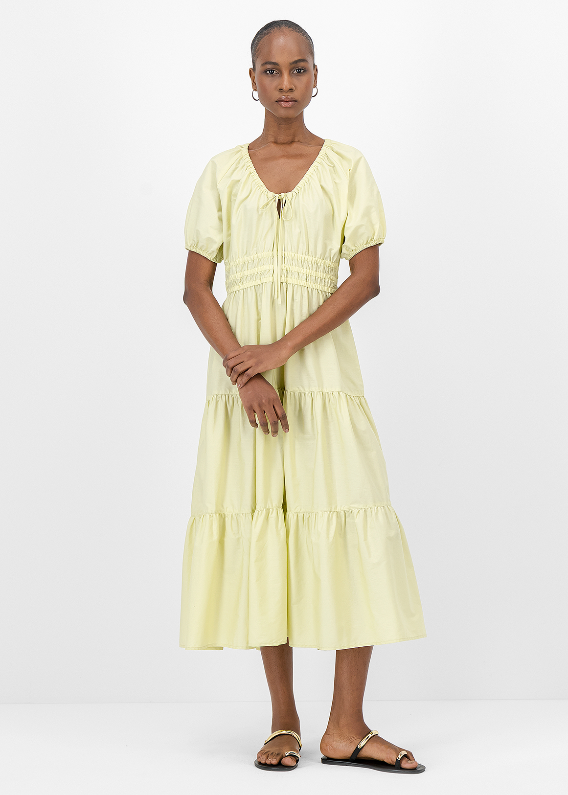 Tiered Tie Neck Puff Sleeve Cotton Midi Dress | Woolworths.co.za