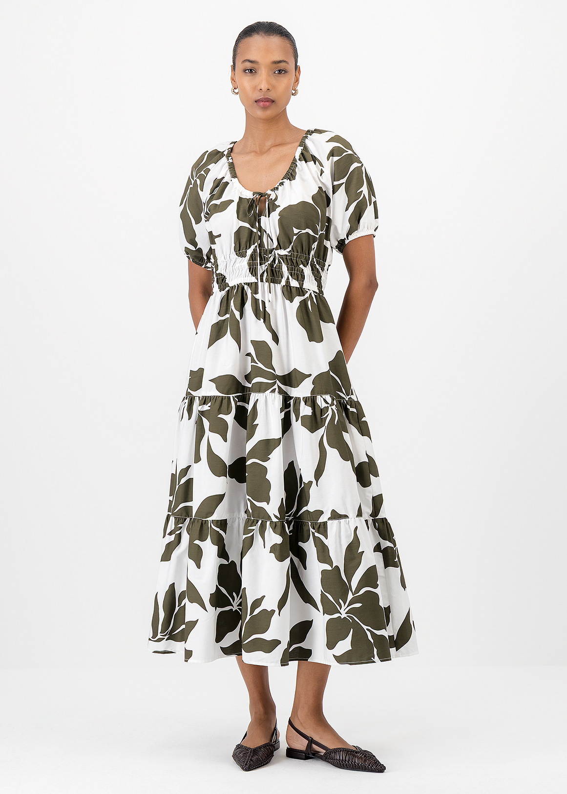 Tiered Tie Neck Puff Sleeve Cotton Midi Dress | Woolworths.co.za