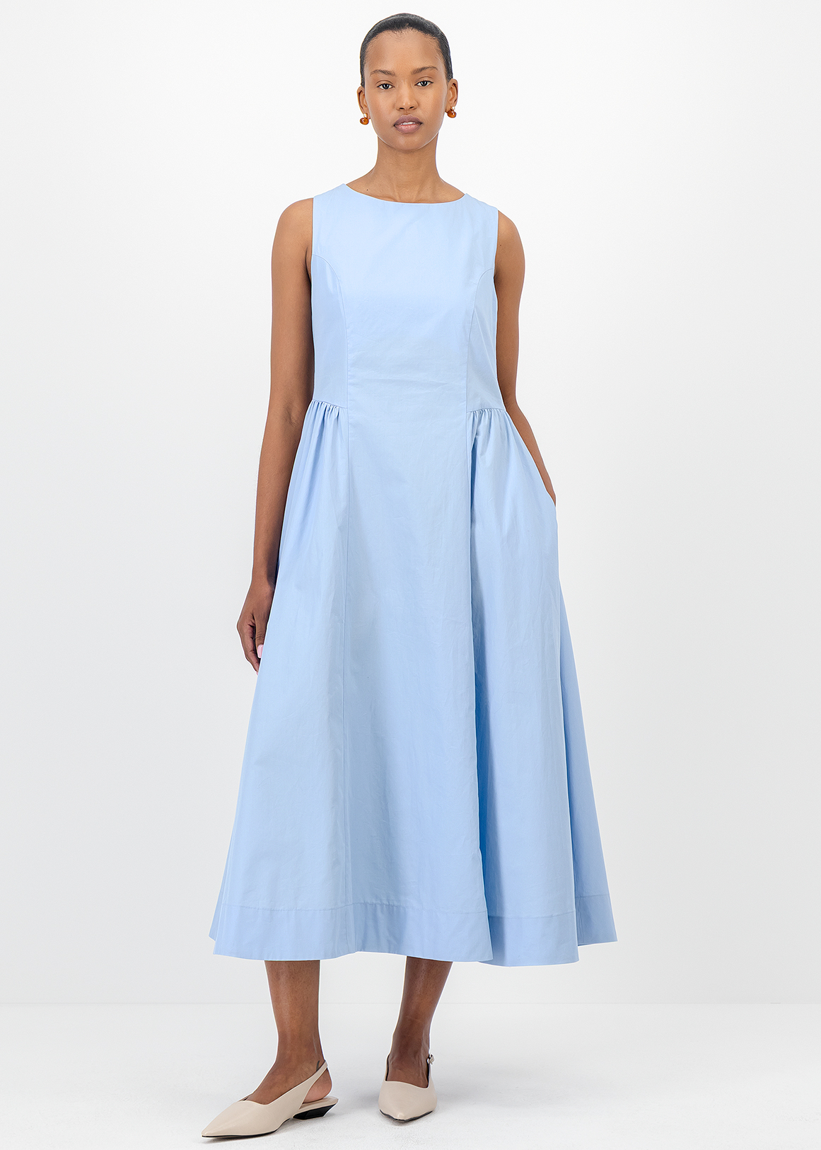 Sleeveless Pocketed Waist Detail Poplin Midi Dress